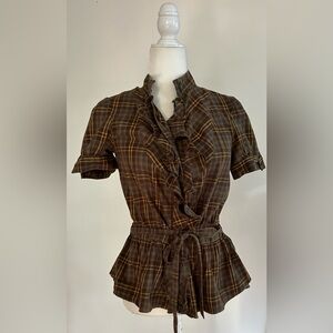 Lucky Brand Tie Waist Plaid Peplum Blouse Cotton  Brown Size small